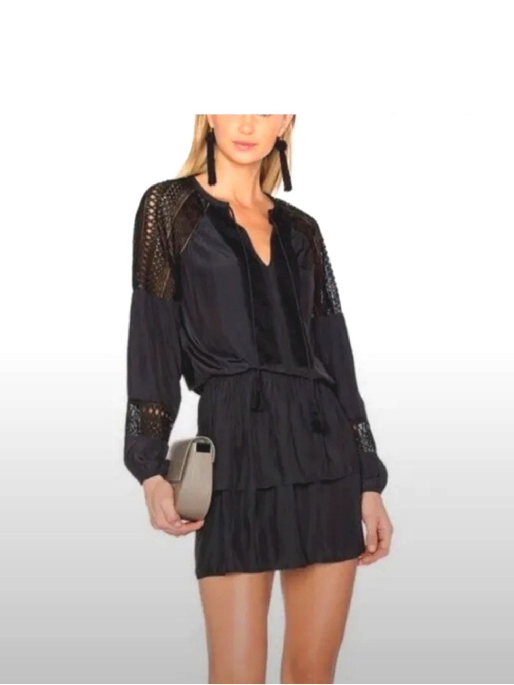 Ramy Brook Black Crochet-Trim V-Neck Mini Dress